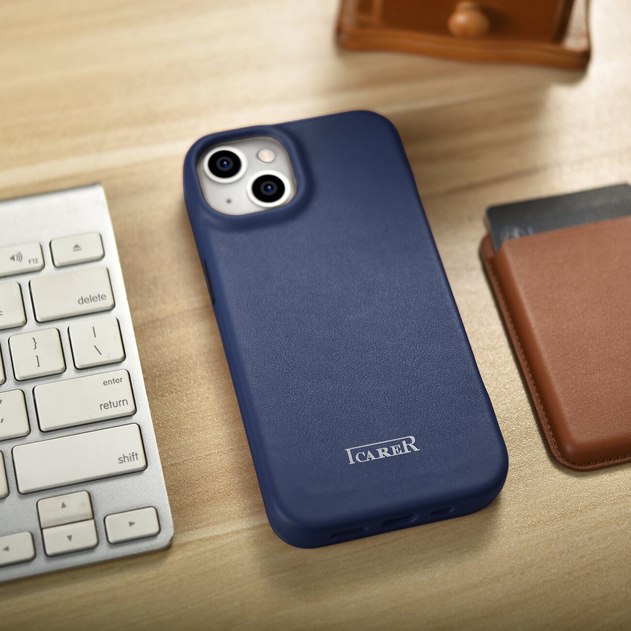 iCarer CE Premium Nahka Folio Case for iPhone 14 Plus, Magneettinen Flip, MagSafe, Blue