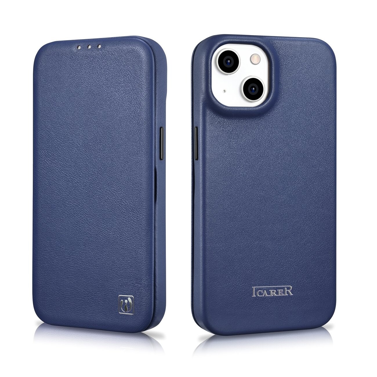 iCarer CE Premium Nahka Folio Case for iPhone 14 Plus, Magneettinen Flip, MagSafe, Blue