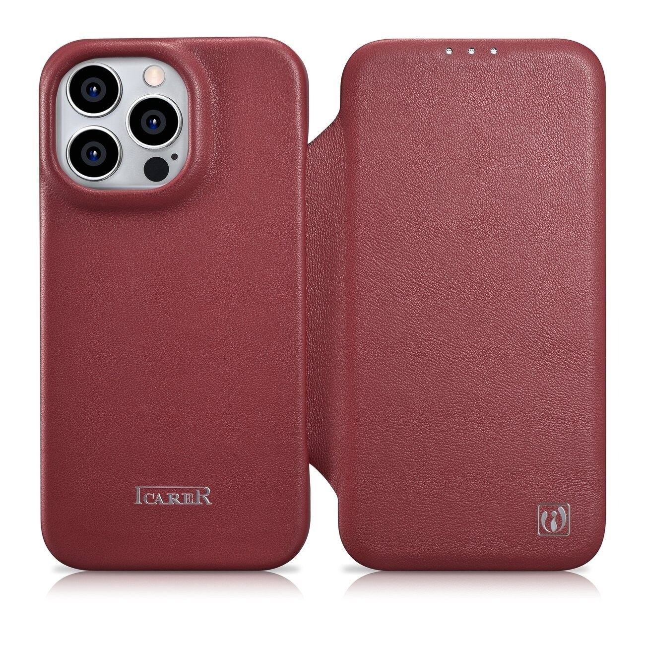 iCarer CE Premium Nahka Folio Case iPhone 14 Pro Max Magneettinen Flip MagSafe Punainen