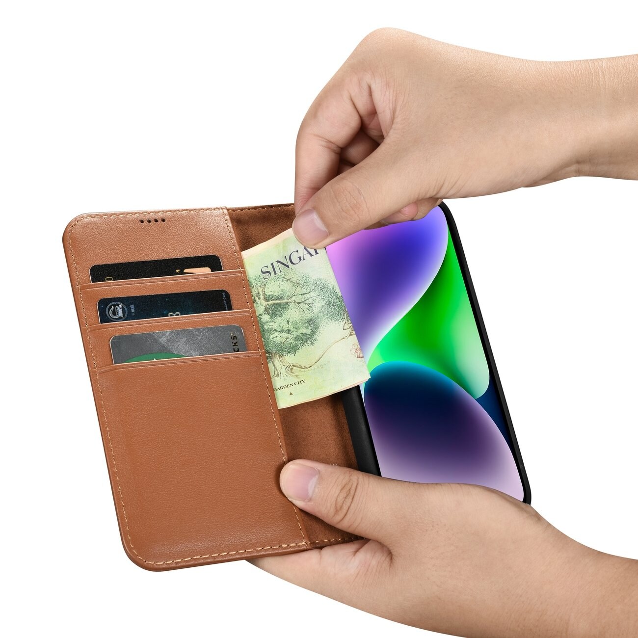 iCarer Lompakko Case 2in1 Cover iPhone 14 Plus Anti-RFID Nahka Flip Case Ruskea (WMI14220727-BN)