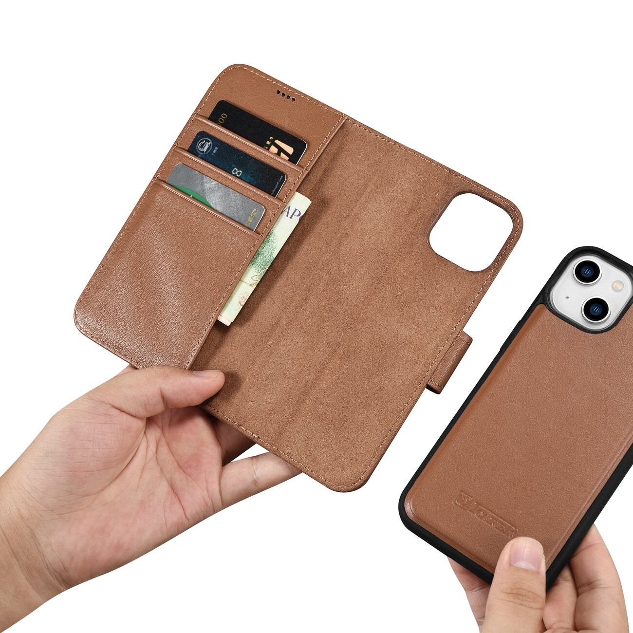iCarer Lompakko Case 2in1 Cover iPhone 14 Plus Anti-RFID Nahka Flip Case Ruskea (WMI14220727-BN)