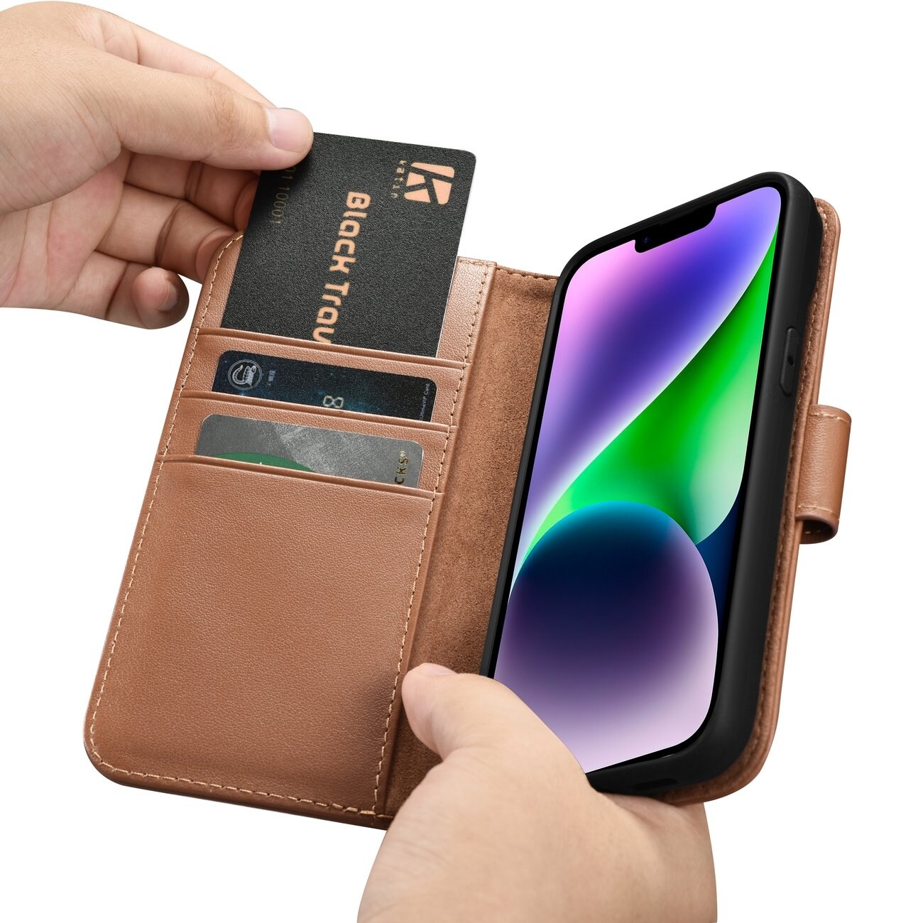 iCarer Lompakko Case 2in1 Cover iPhone 14 Plus Anti-RFID Nahka Flip Case Ruskea (WMI14220727-BN)