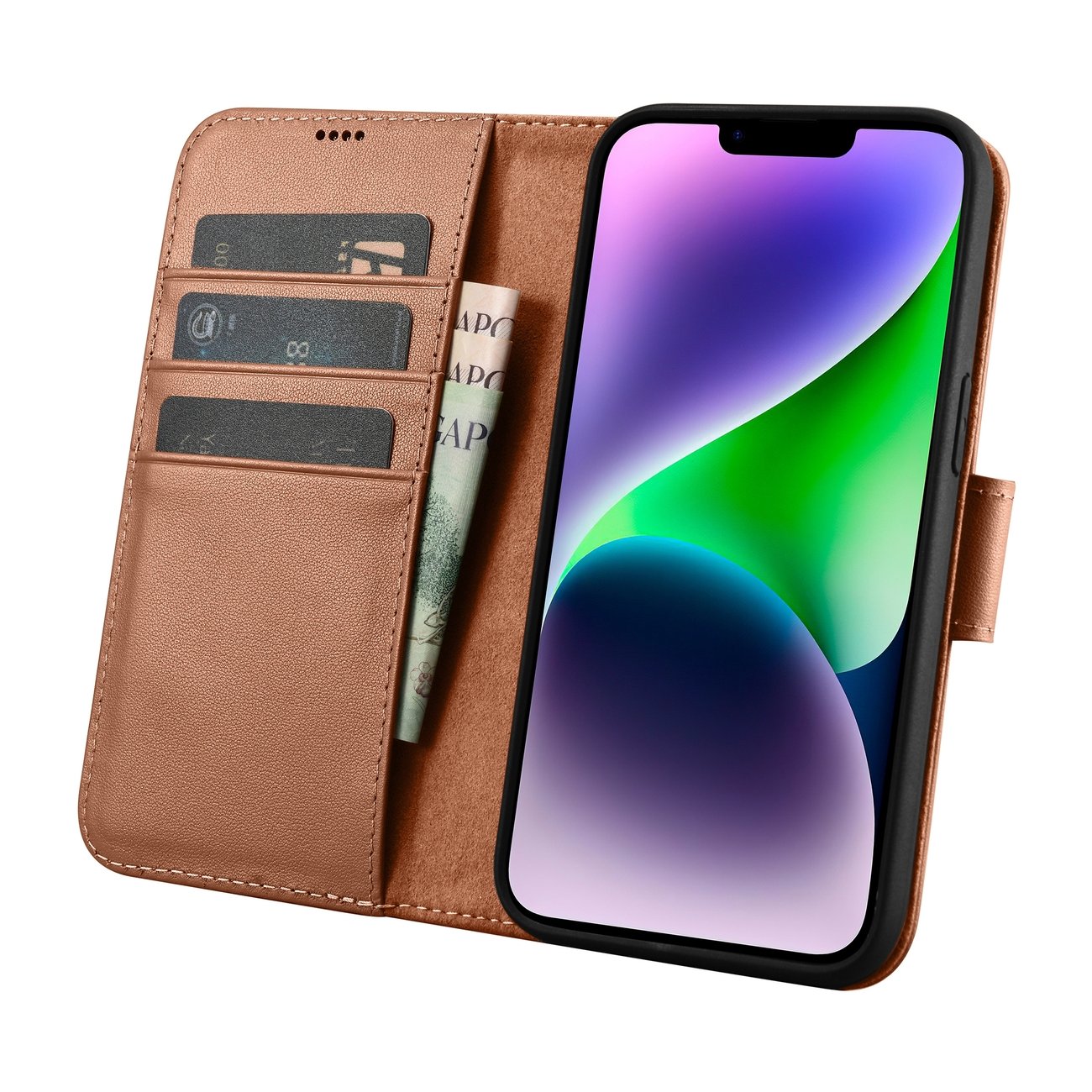 iCarer Lompakko Case 2in1 Cover iPhone 14 Plus Anti-RFID Nahka Flip Case Ruskea (WMI14220727-BN)