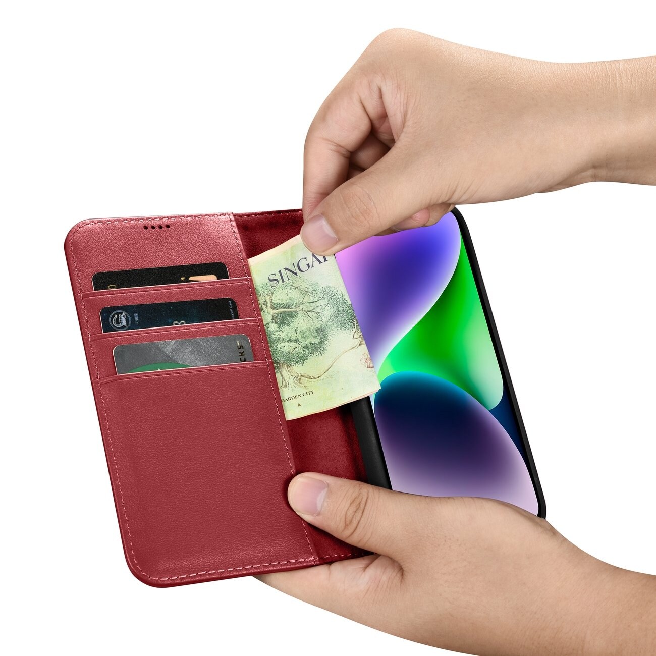 iCarer Lompakko Case 2in1 Cover iPhone 14 Plus Anti-RFID Nahka Flip Cover Punainen (WMI14220727-RD)