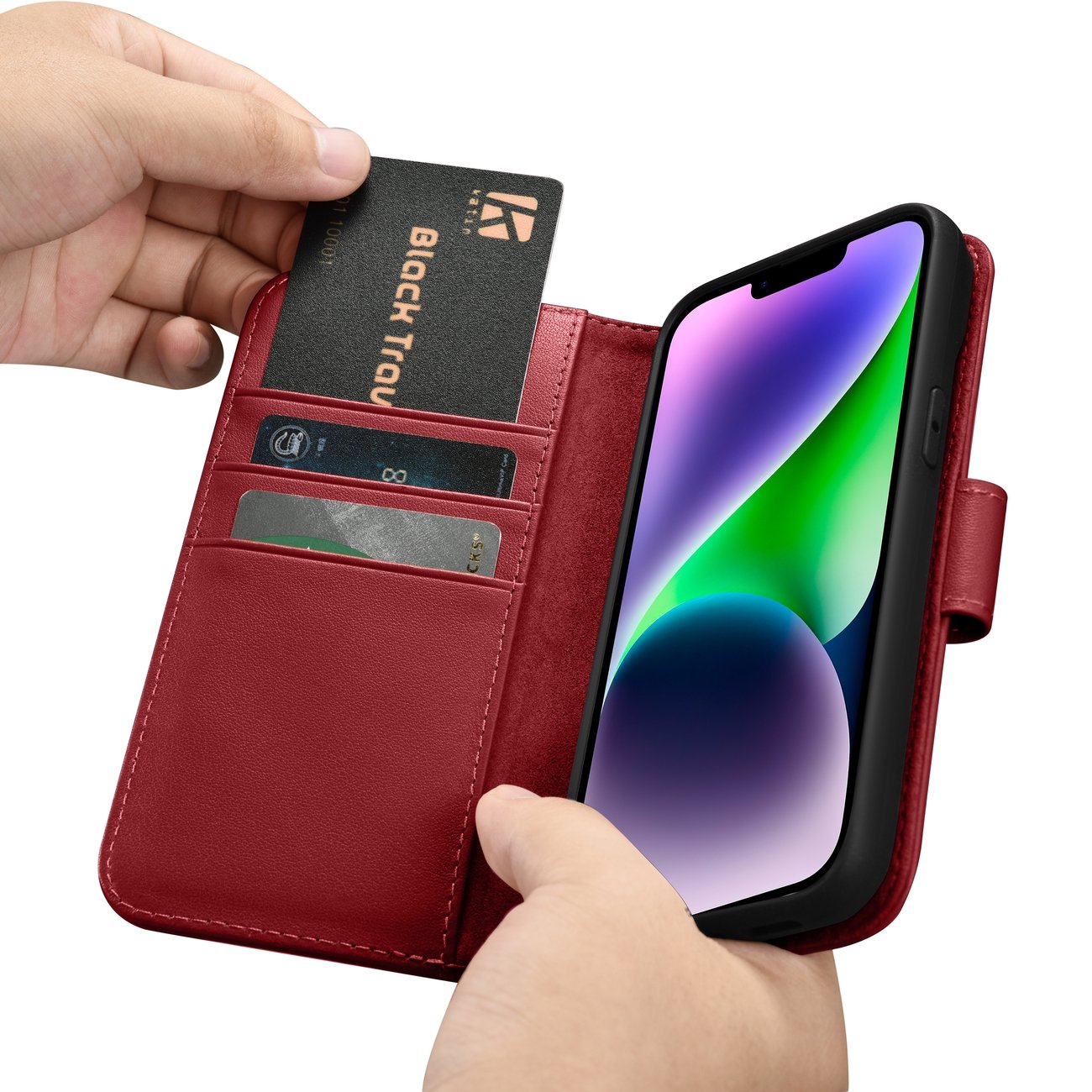 iCarer Lompakko Case 2in1 Cover iPhone 14 Plus Anti-RFID Nahka Flip Cover Punainen (WMI14220727-RD)