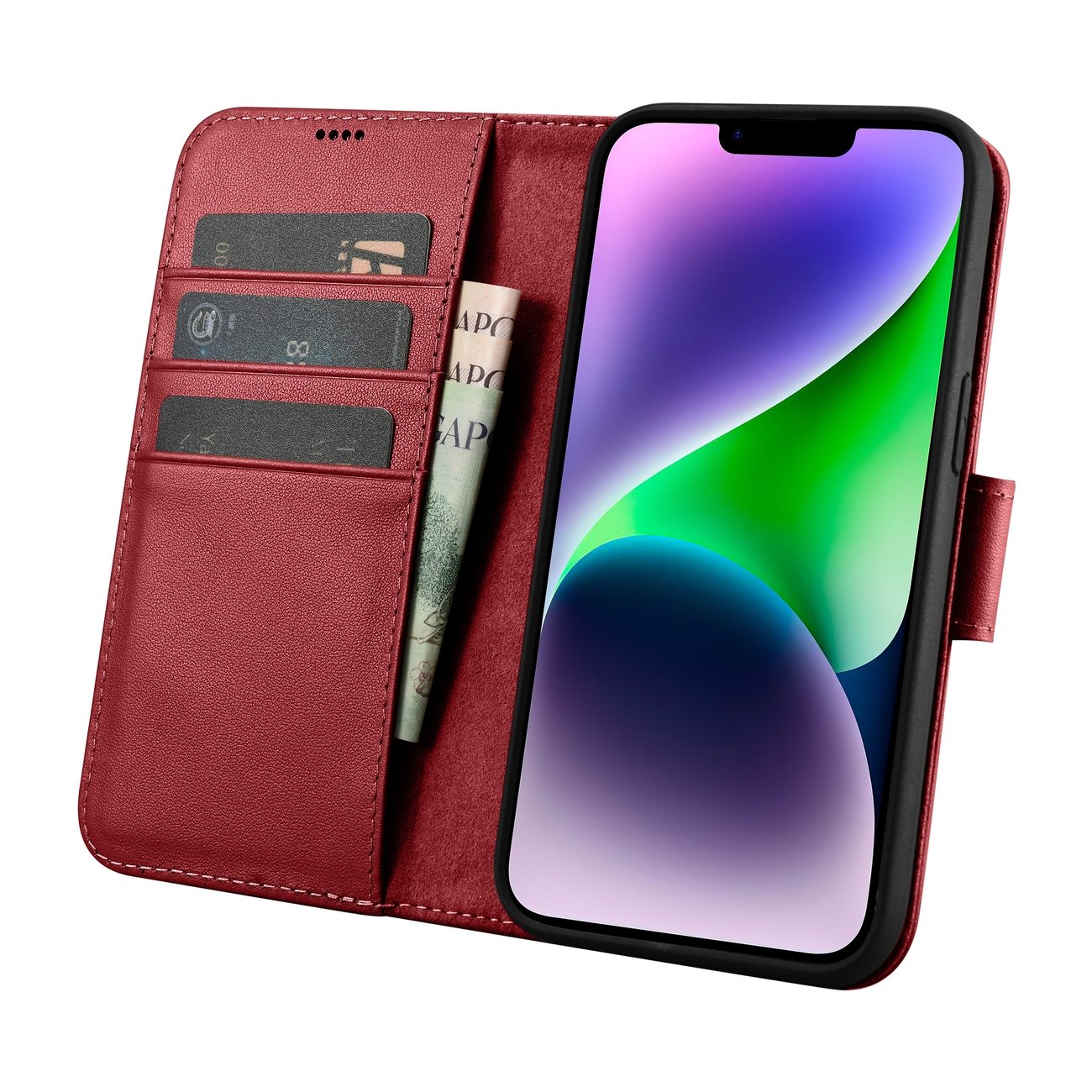 iCarer Lompakko Case 2in1 Cover iPhone 14 Plus Anti-RFID Nahka Flip Cover Punainen (WMI14220727-RD)