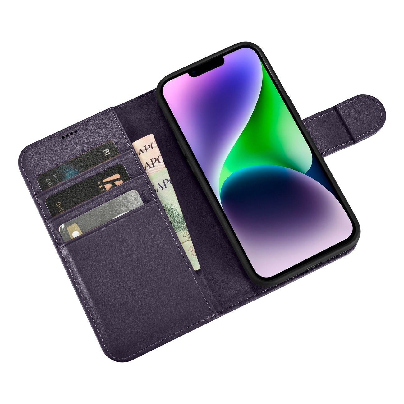 iCarer 2in1 Lompakko Case iPhone 14 Plus Anti-RFID Tumman violetti Flip Cover (WMI14220727-DP)