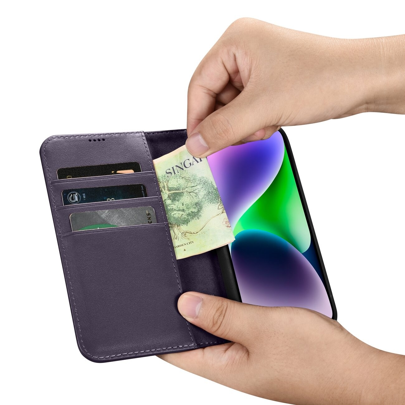 iCarer 2in1 Lompakko Case iPhone 14 Plus Anti-RFID Tumman violetti Flip Cover (WMI14220727-DP)