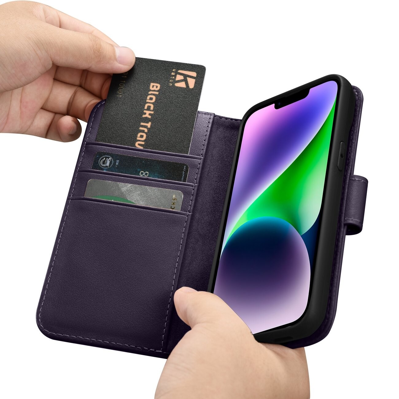 iCarer 2in1 Lompakko Case iPhone 14 Plus Anti-RFID Tumman violetti Flip Cover (WMI14220727-DP)