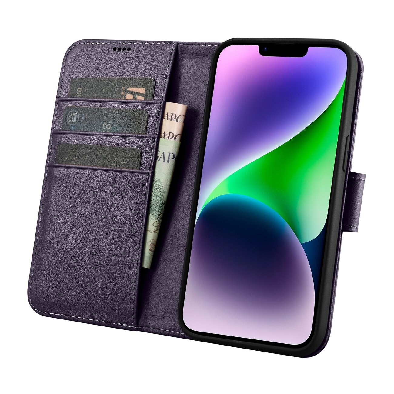 iCarer 2in1 Lompakko Case iPhone 14 Plus Anti-RFID Tumman violetti Flip Cover (WMI14220727-DP)