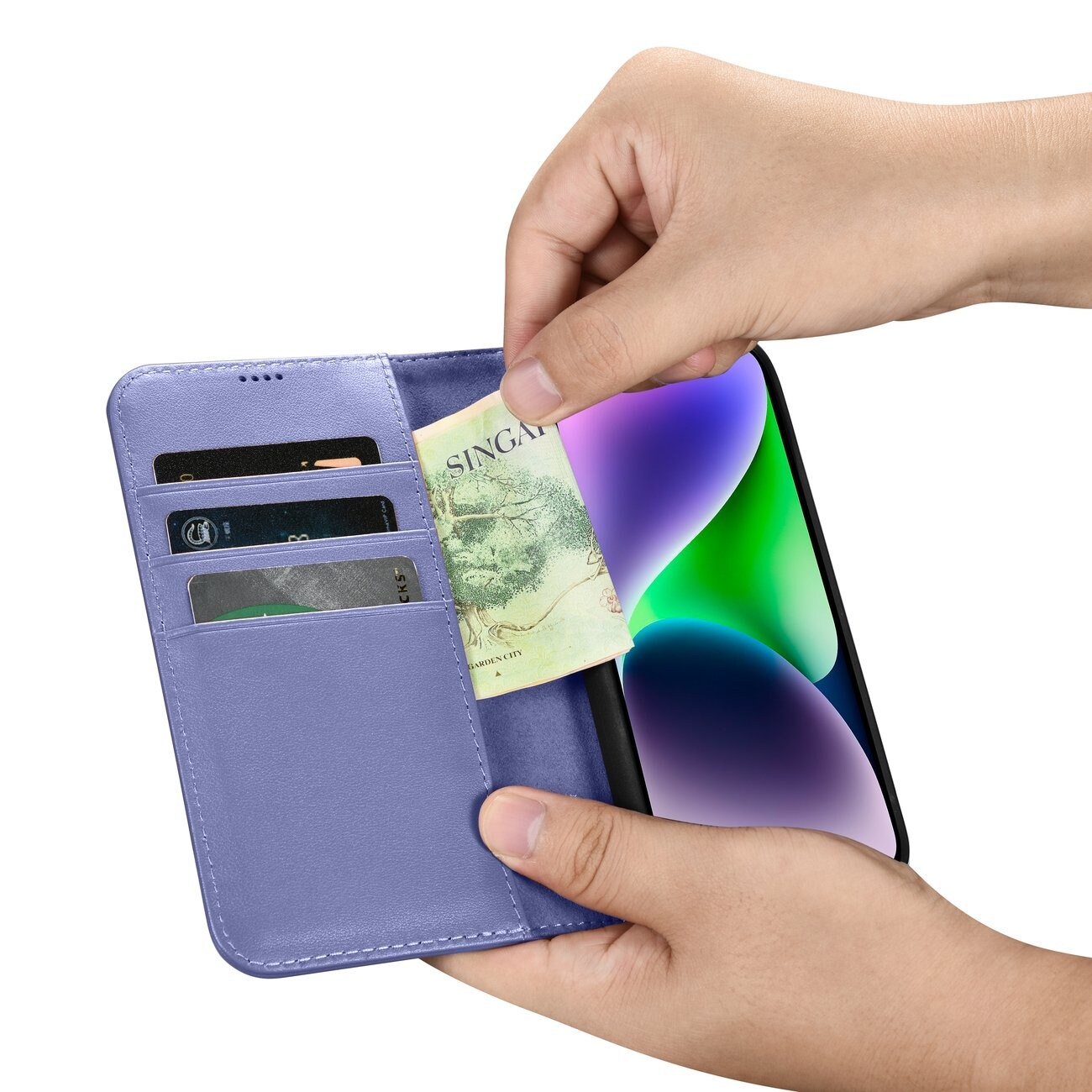 iCarer Lompakko 2in1 Case iPhone 14 Plus Anti-RFID Flip Nahka Vaaleanvioletti (WMI14220727-LP)