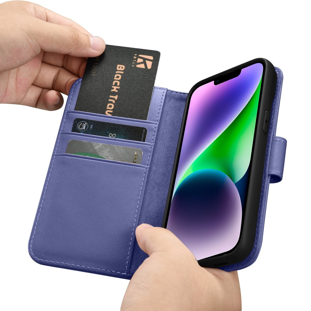 iCarer Lompakko 2in1 Case iPhone 14 Plus Anti-RFID Flip Nahka Vaaleanvioletti (WMI14220727-LP)