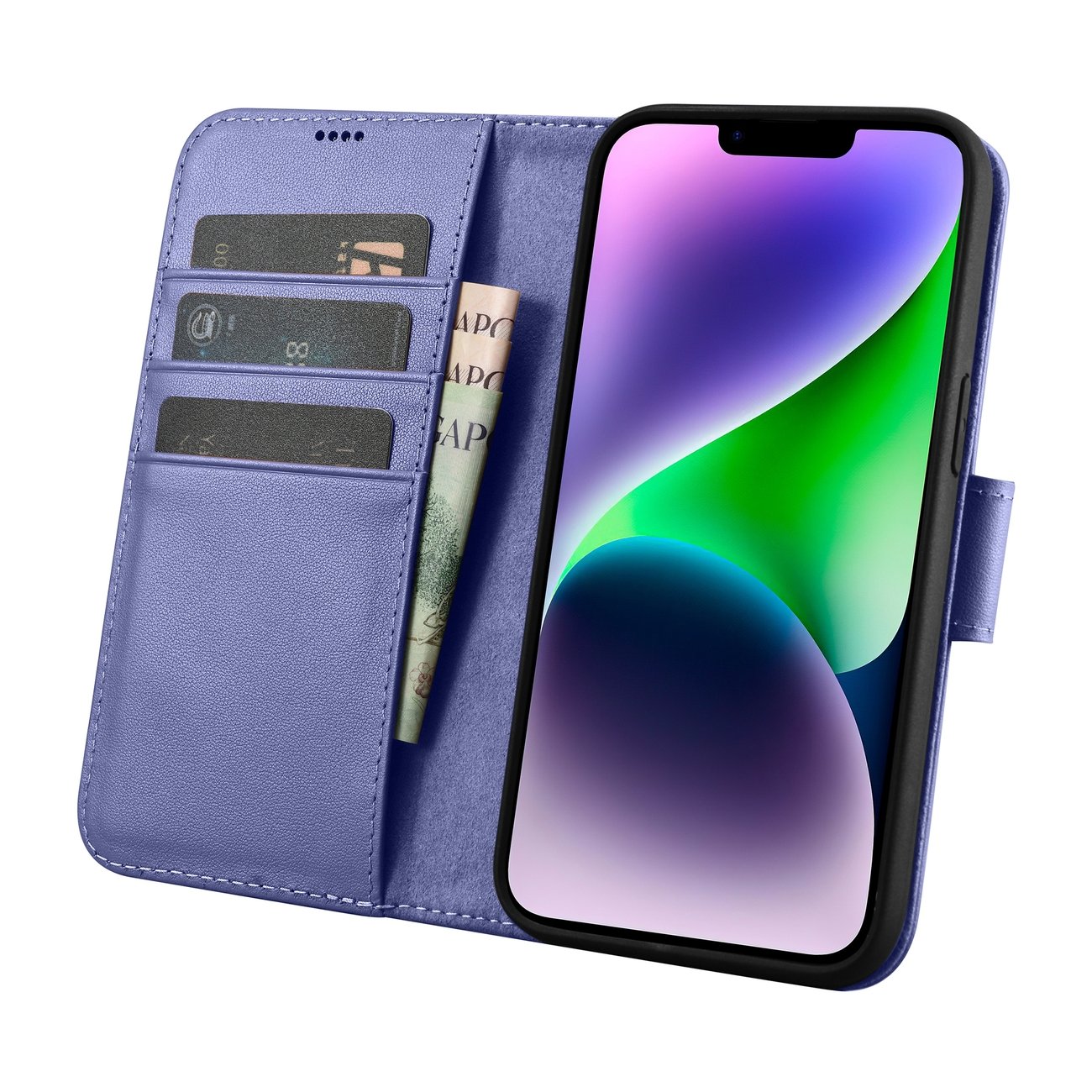 iCarer Lompakko 2in1 Case iPhone 14 Plus Anti-RFID Flip Nahka Vaaleanvioletti (WMI14220727-LP)