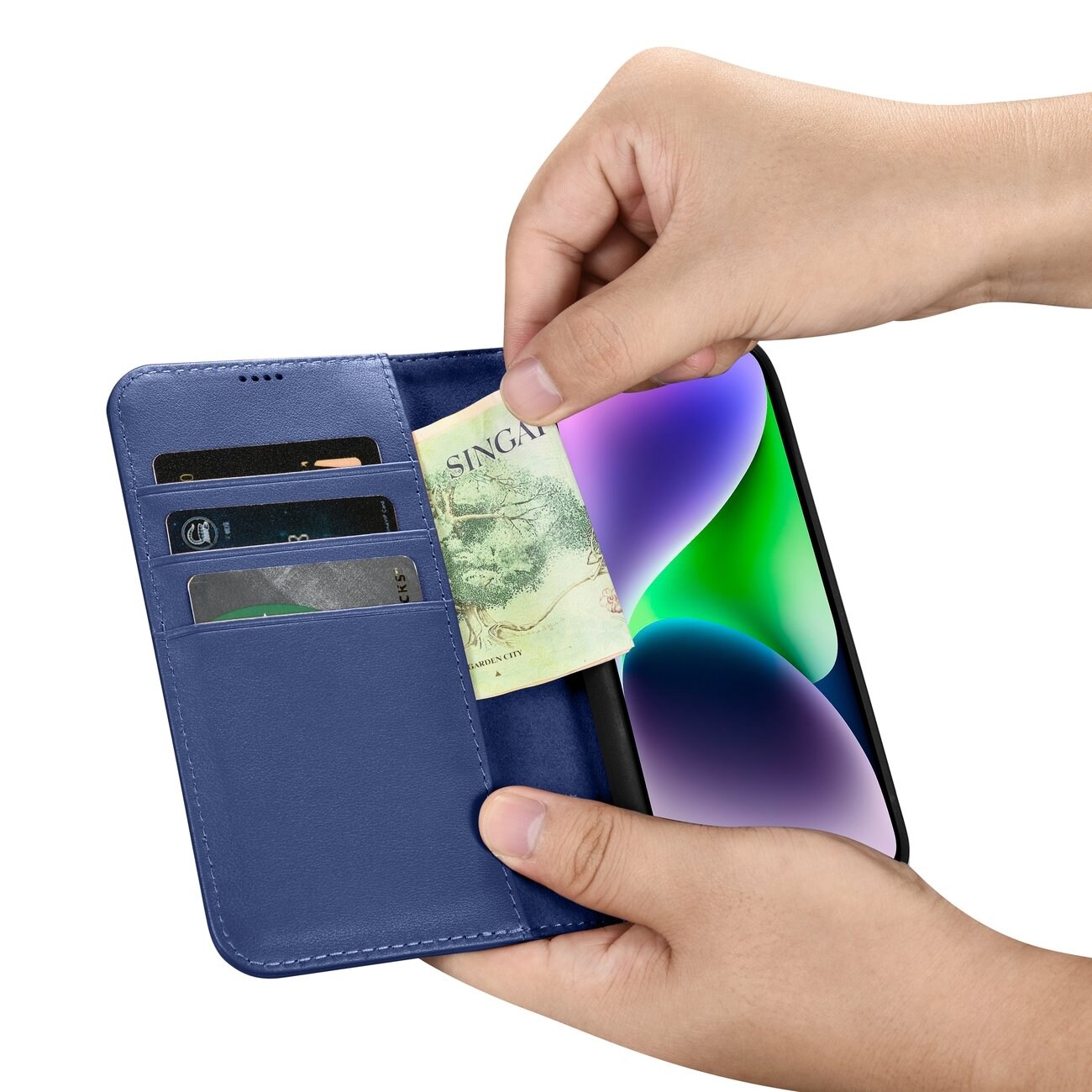 iCarer Lompakko Asia 2in1 Cover iPhone 14 Plus Anti-RFID Nahka Flip Case Sininen (WMI14220727-BU)