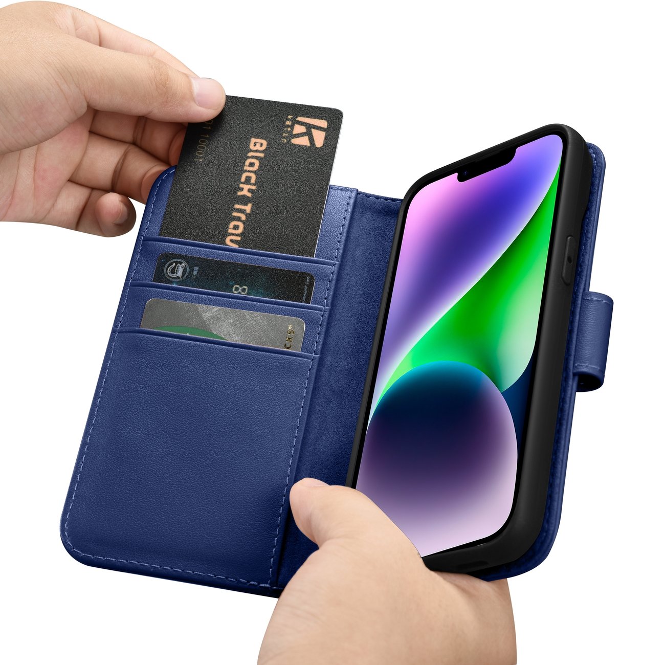 iCarer Lompakko Asia 2in1 Cover iPhone 14 Plus Anti-RFID Nahka Flip Case Sininen (WMI14220727-BU)