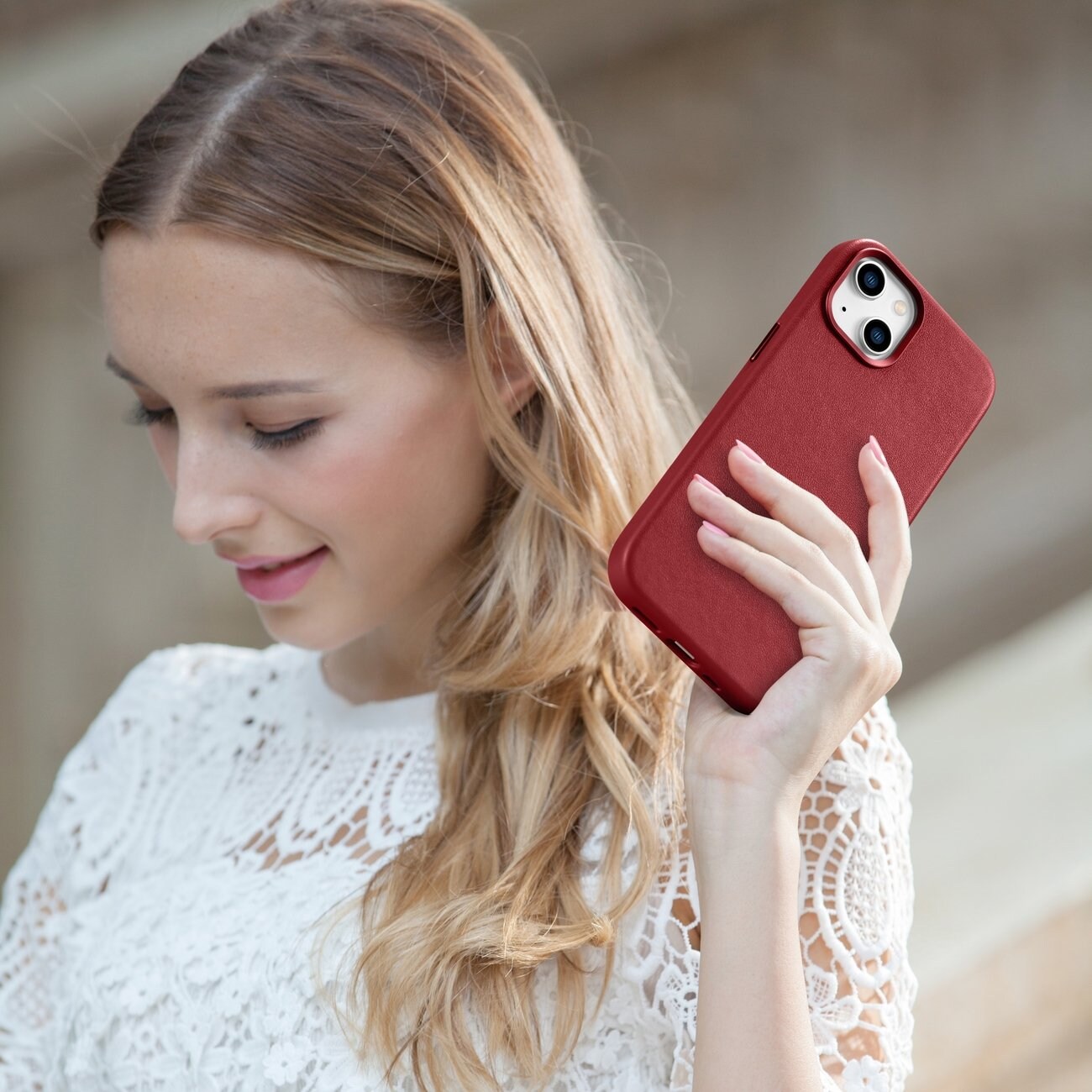iCarer Case Nahkakotelo suojus luonnollisesta nahasta iPhone 14 Plus punainen (yhteensopiva MagSafe)