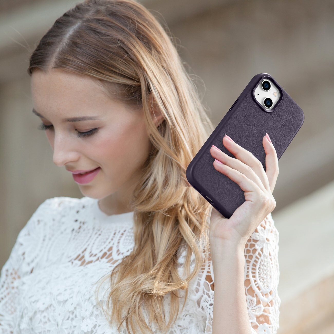 iCarer Asia Nahka Cover Case for iPhone 14 Plus Dark Purple (MagSafe yhteensopiva)