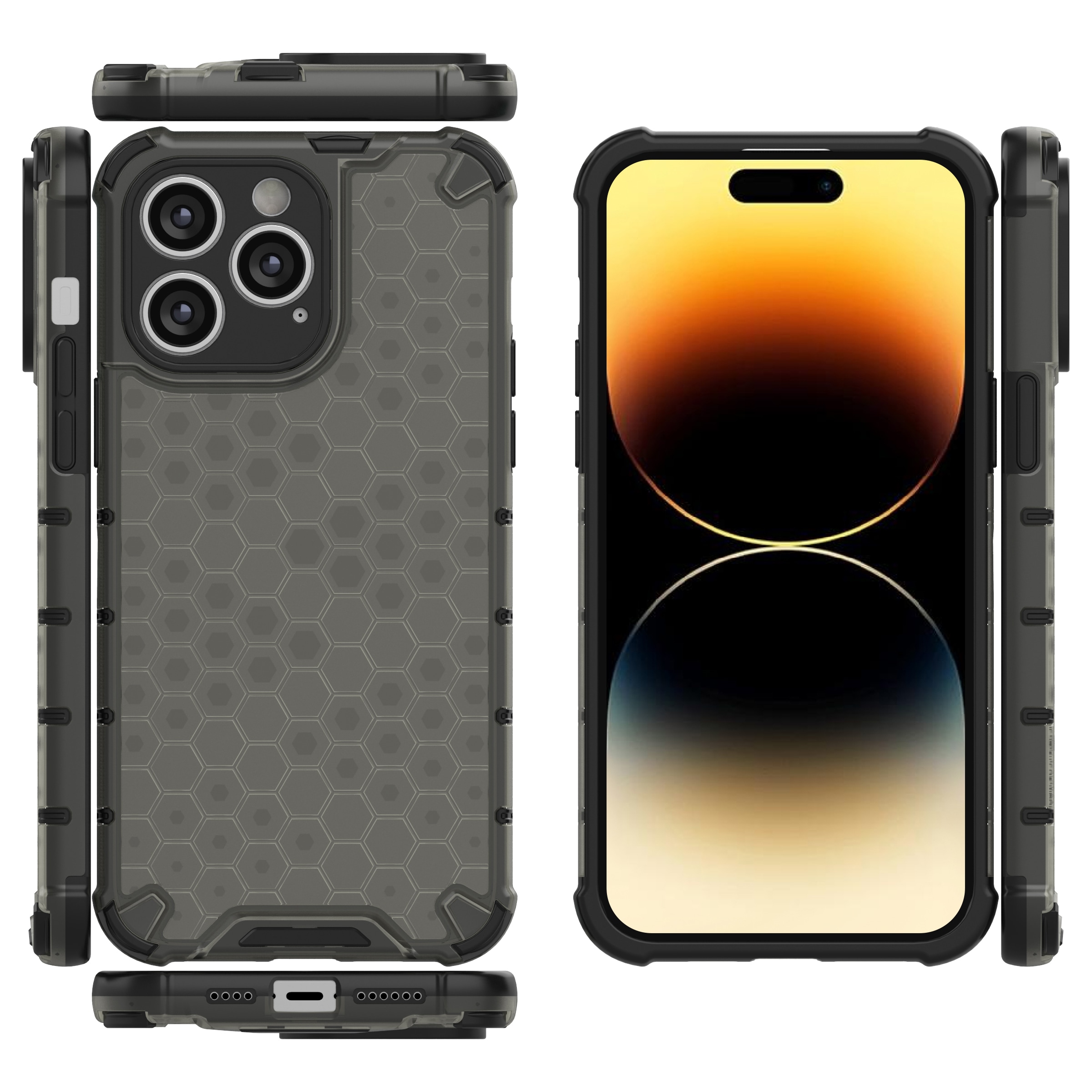 Honeycomb tapauksessa iPhone 14 Pro Max panssaroitu hybridi kansi musta