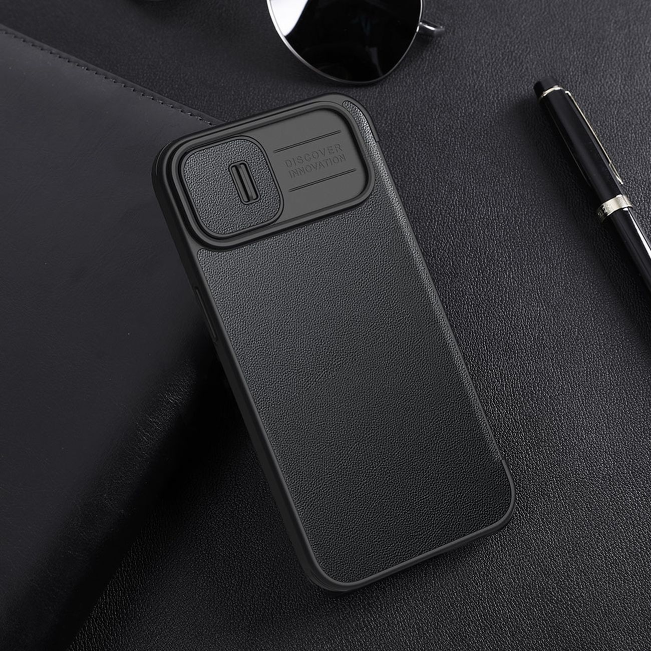 Nillkin Qin Nahka Pro Case iPhone 14 Plus Camera Cover Holster Cover Cover Flip Case Musta