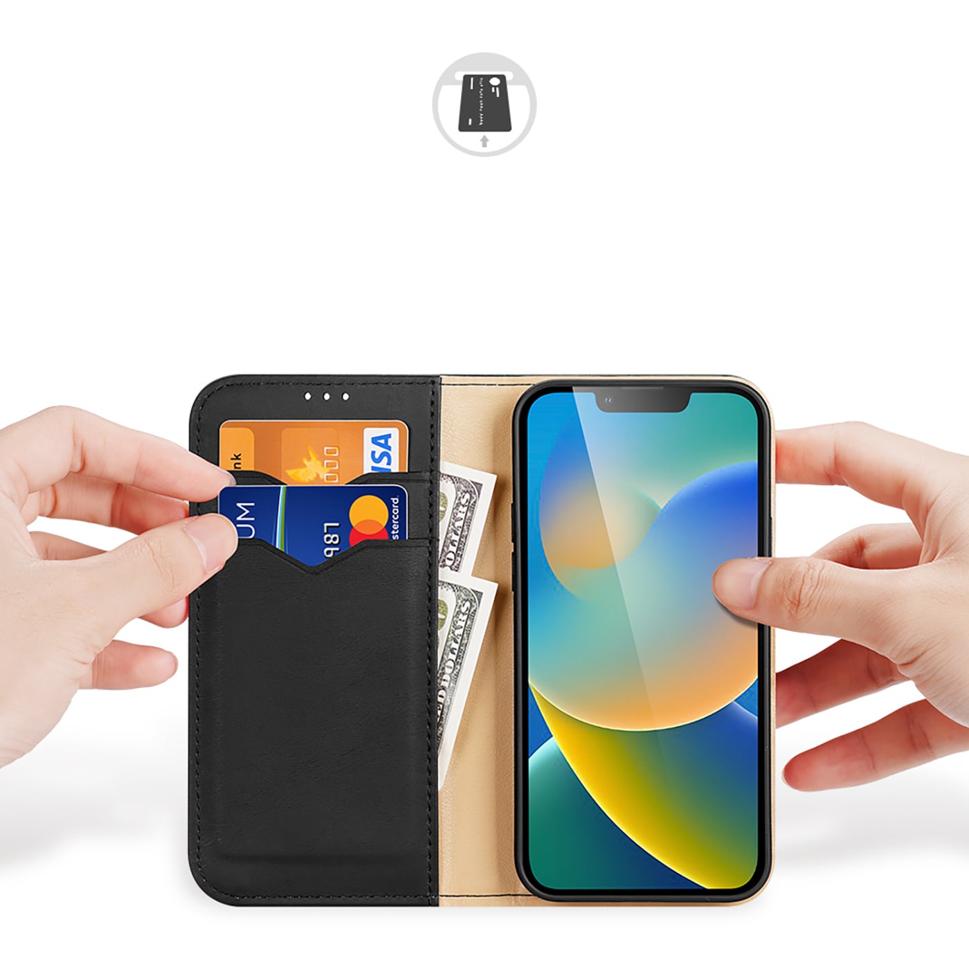 Dux Ducis Hivo Nahka Flip Cover Aitoa nahkaa Lompakko iPhone 14 Plus Musta