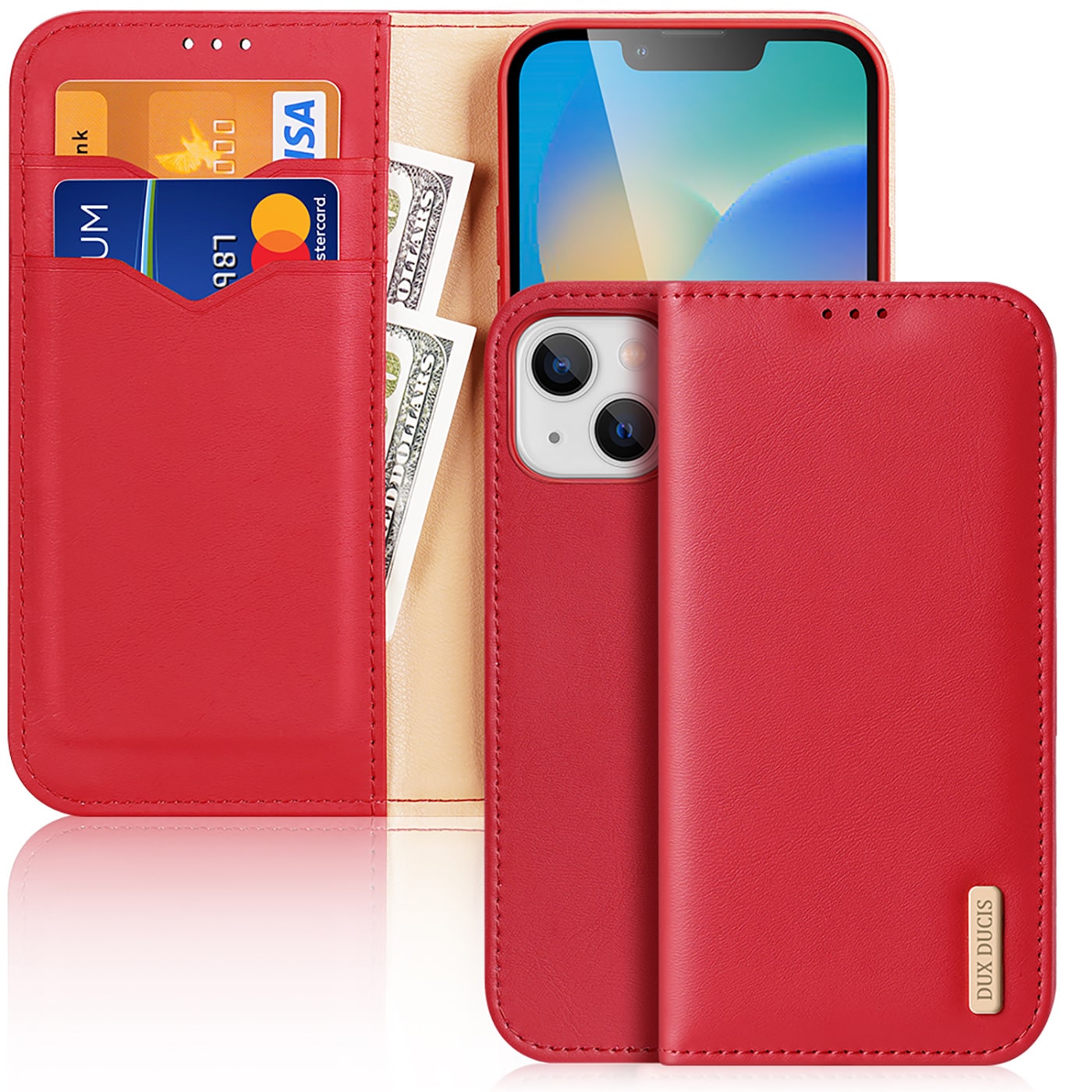 Dux Ducis Hivo Nahka Flip Cover iPhone 14 Plus - Lompakko kortteille ja asiakirjoille, Punainen