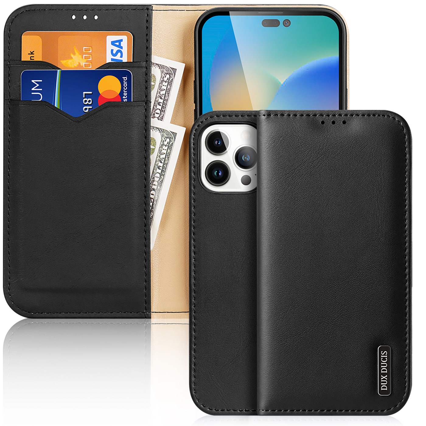 Dux Ducis Hivo Nahka Flip Cover Aito lompakko korteille iPhone 14 Pro Max Musta