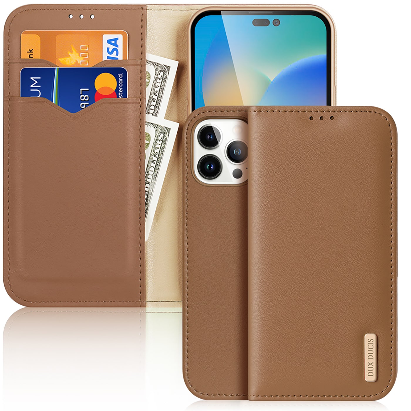 Dux Ducis Hivo Aito Nahkainen Flip Cover Lompakko iPhone 14 Pro Max Ruskea