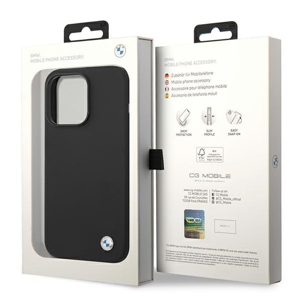 BMW Silikoni Metal Logo Case for iPhone 14 Pro Max - musta