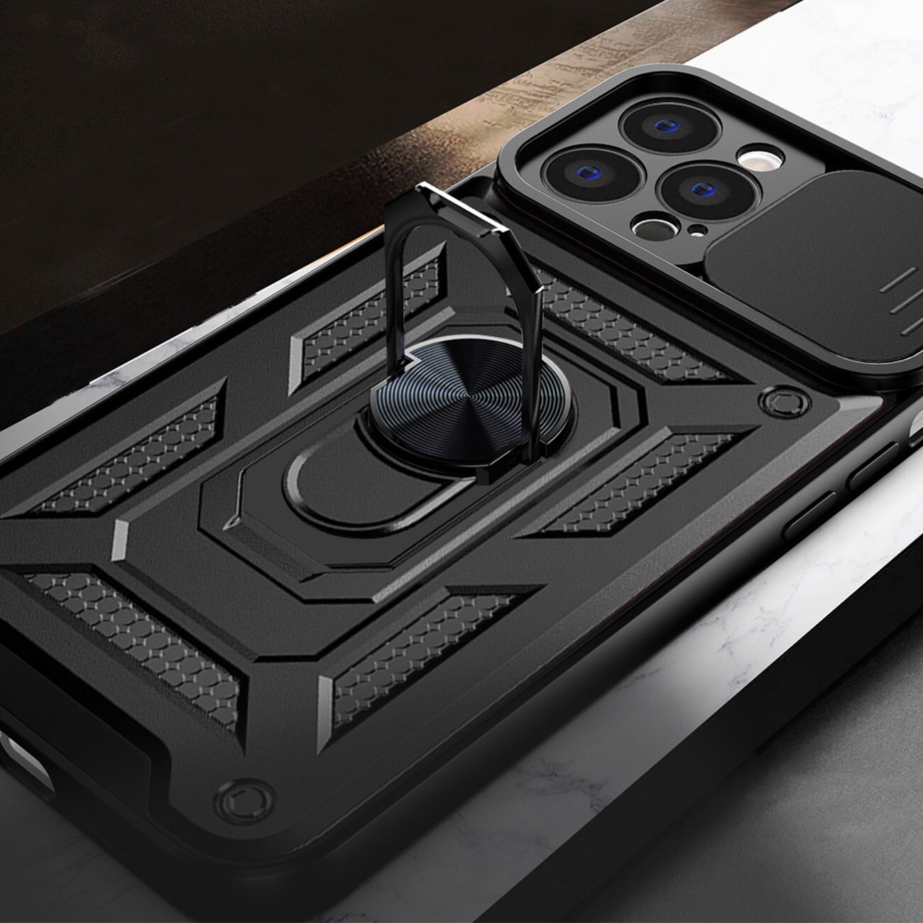 Hybrid Armor Camshield tapauksessa iPhone 14 Plus panssaroitu tapauksessa kameran kansi musta