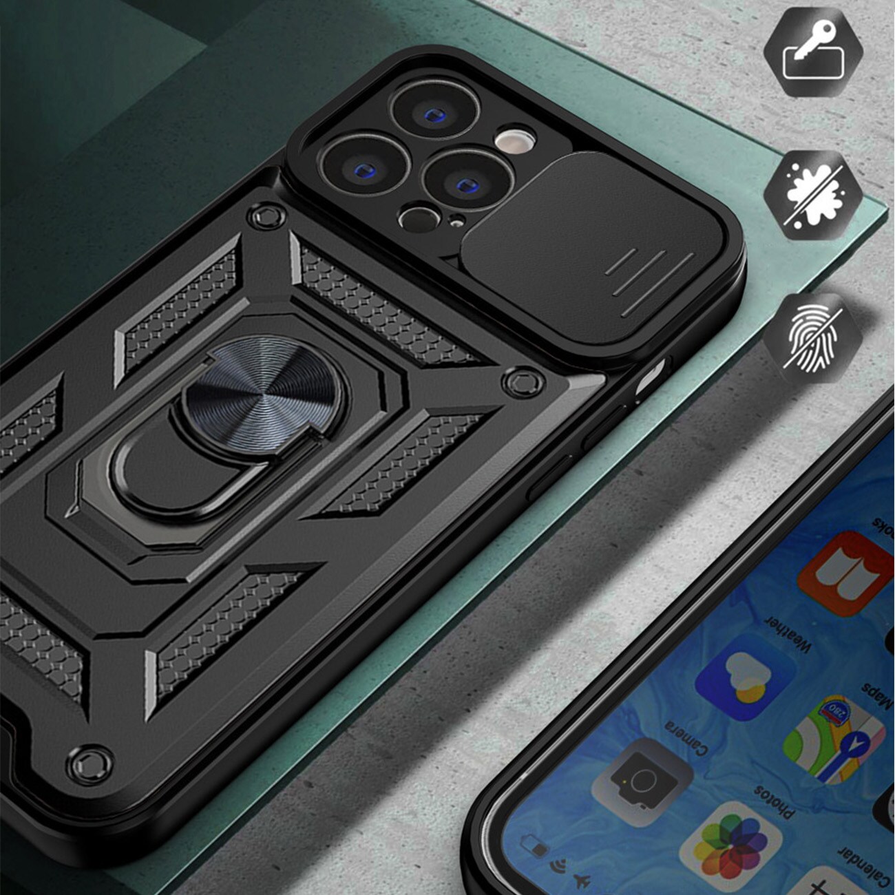 Hybrid Armor Camshield tapauksessa iPhone 14 Plus panssaroitu tapauksessa kameran kansi sininen