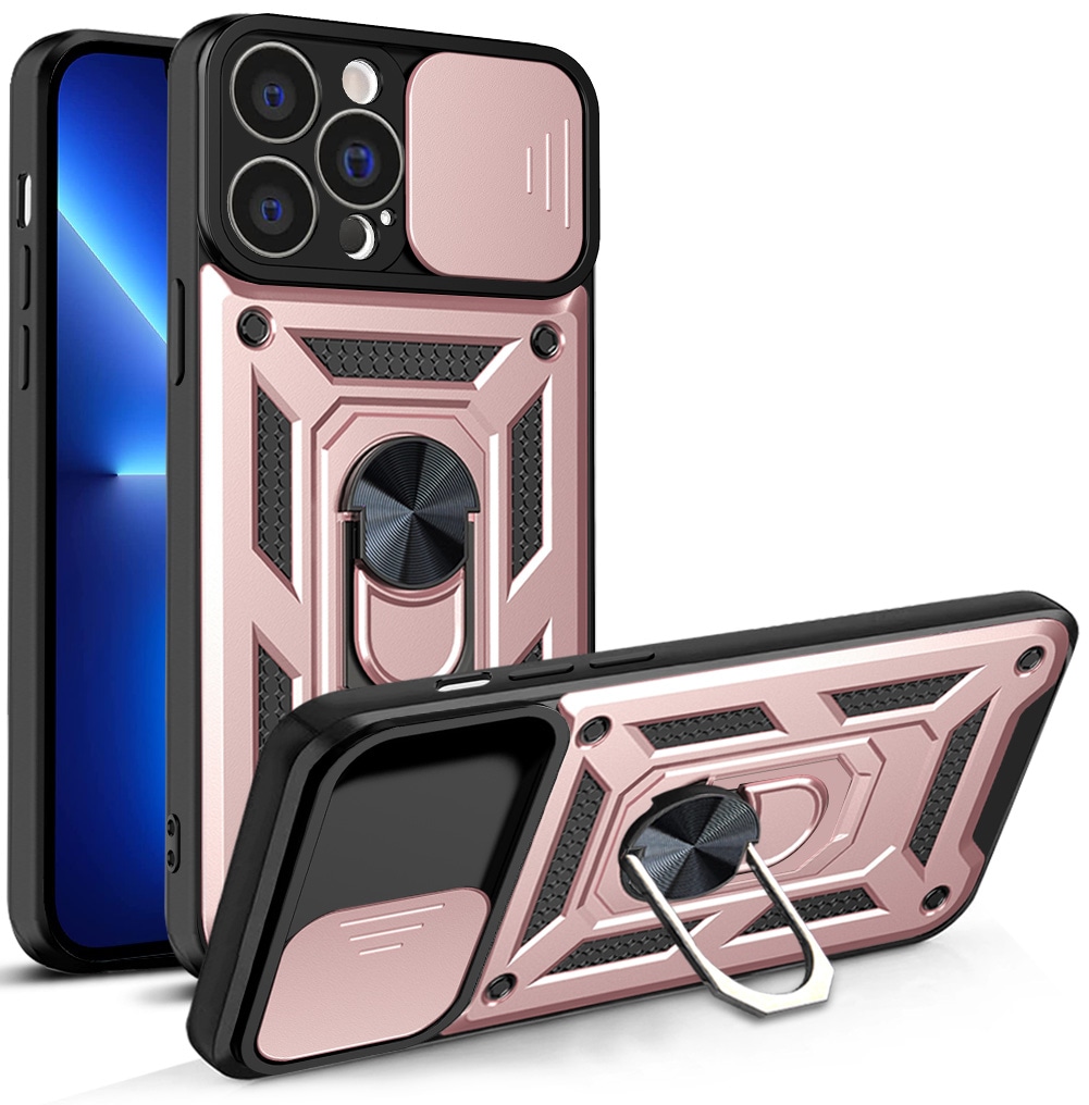 Hybrid Armor Camshield case for iPhone 13 Pro with camera protection, pink color.