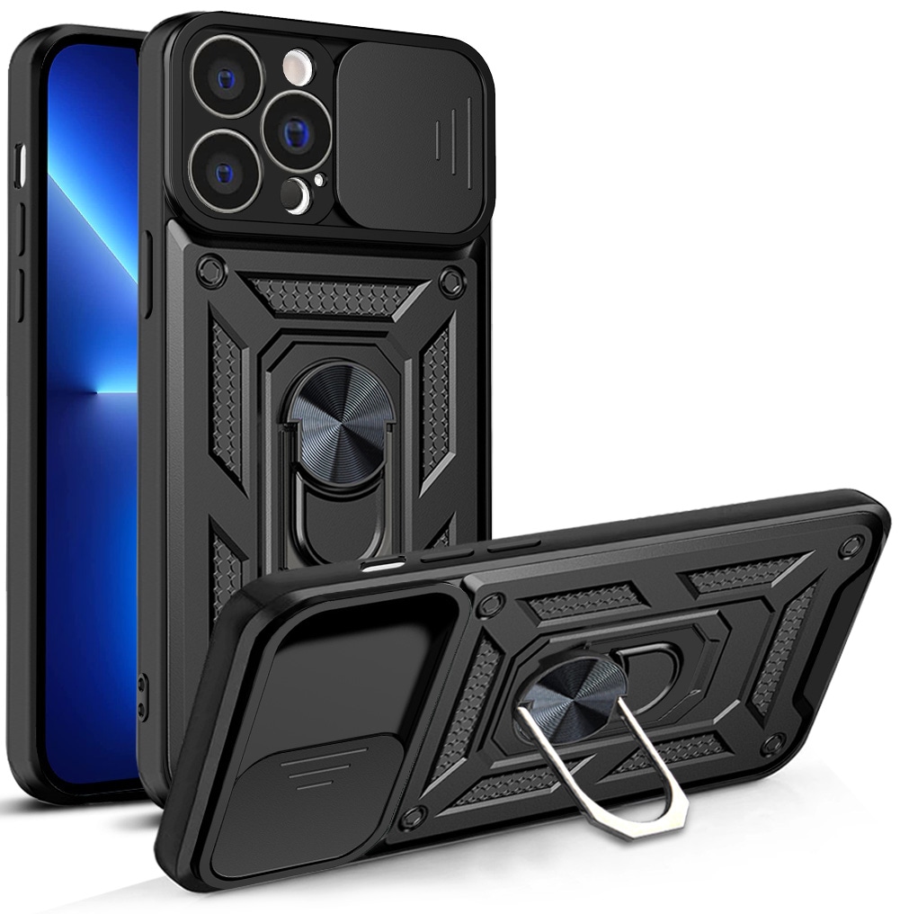 Hybrid Armor Camshield tapauksessa iPhone 13 Pro Max panssaroitu tapauksessa kameran suojus musta