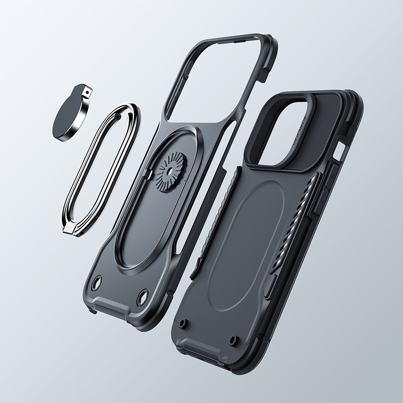 Joyroom panssaroitu iPhone 14 Pro kotelo jalustalla ja renkaan pidikkeellä, musta