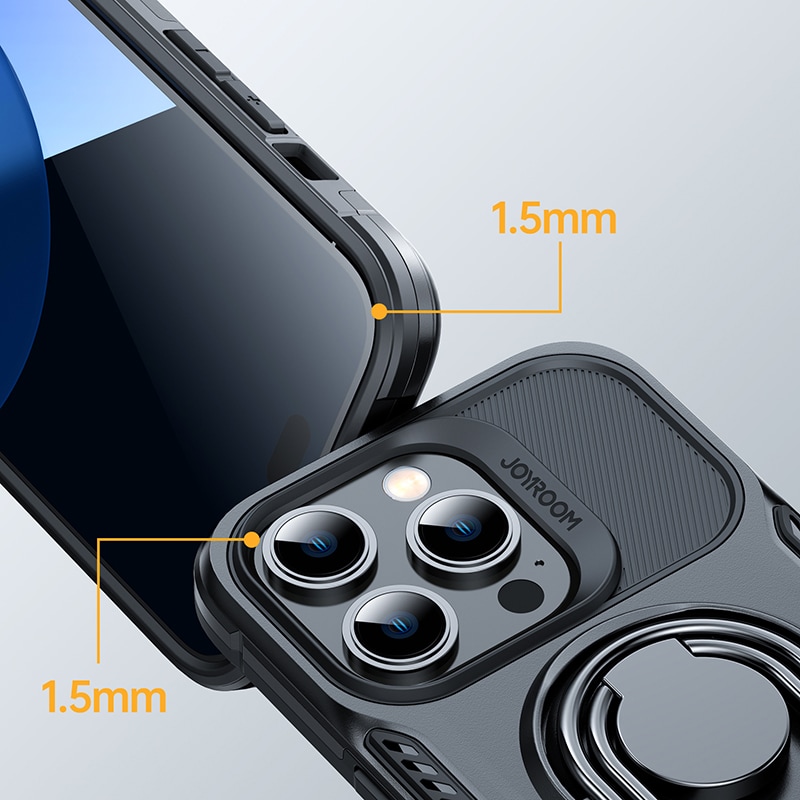 Joyroom panssaroitu iPhone 14 Pro kotelo jalustalla ja renkaan pidikkeellä, musta
