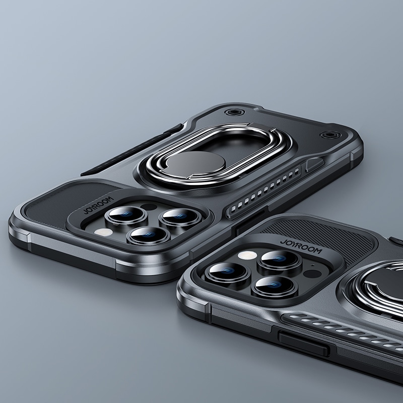 Joyroom panssaroitu iPhone 14 Pro kotelo jalustalla ja renkaan pidikkeellä, musta