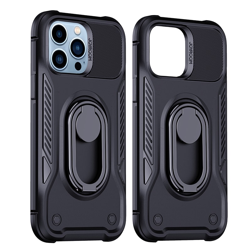 Joyroom panssaroitu iPhone 14 Pro kotelo jalustalla ja renkaan pidikkeellä, musta