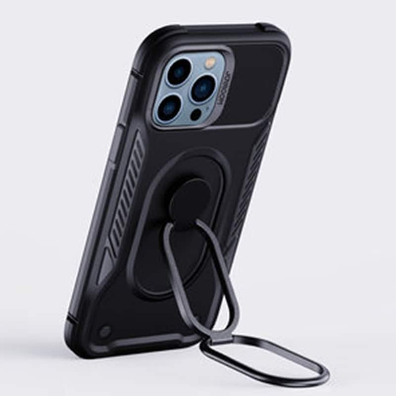 Joyroom panssaroitu iPhone 14 Pro kotelo jalustalla ja renkaan pidikkeellä, musta