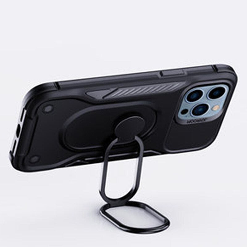 Joyroom panssaroitu iPhone 14 Pro kotelo jalustalla ja renkaan pidikkeellä, musta