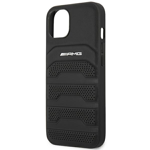AMG AMHCP14MGSEBK iPhone 14 Plus 6,7 "musta / musta kovakotelo Nahka kohokuvioitu linjat