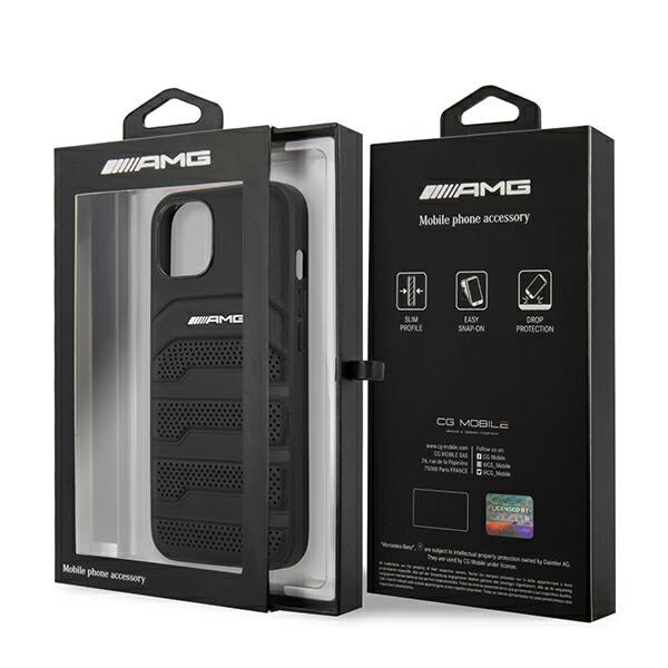 AMG AMHCP14MGSEBK iPhone 14 Plus 6,7 "musta / musta kovakotelo Nahka kohokuvioitu linjat