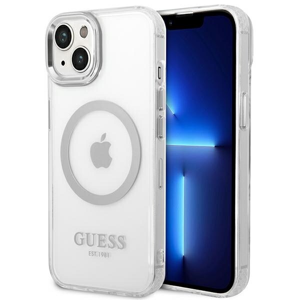 Guess GUHMP14MHTRMS iPhone 14 Plus 6.7" hopea/hopea kova kotelo Metal Outline Magsafe -mallia