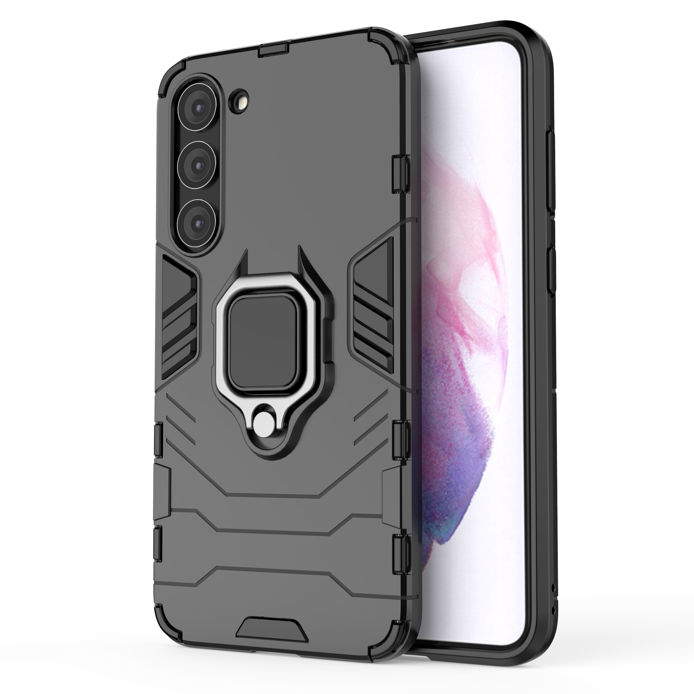 Ring Armor tapauksessa Samsung Galaxy S23+ panssaroitu kansi magneettinen haltija rengas musta