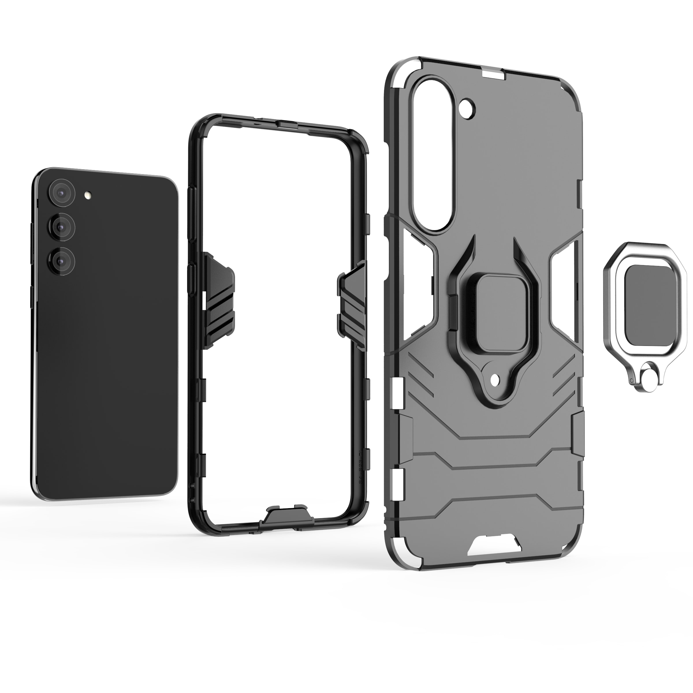Ring Armor tapauksessa Samsung Galaxy S23+ panssaroitu kansi magneettinen haltija rengas musta