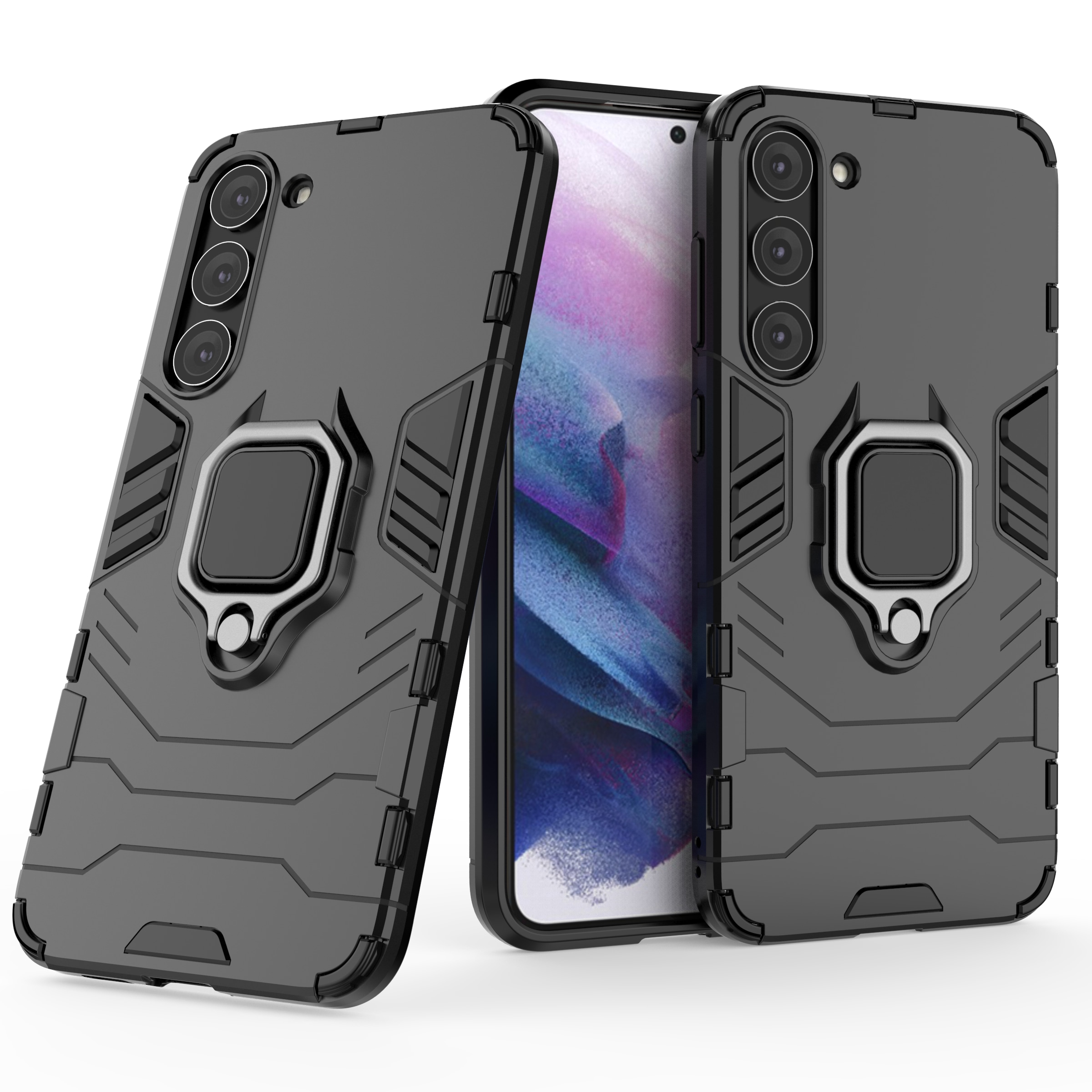 Ring Armor tapauksessa Samsung Galaxy S23+ panssaroitu kansi magneettinen haltija rengas musta