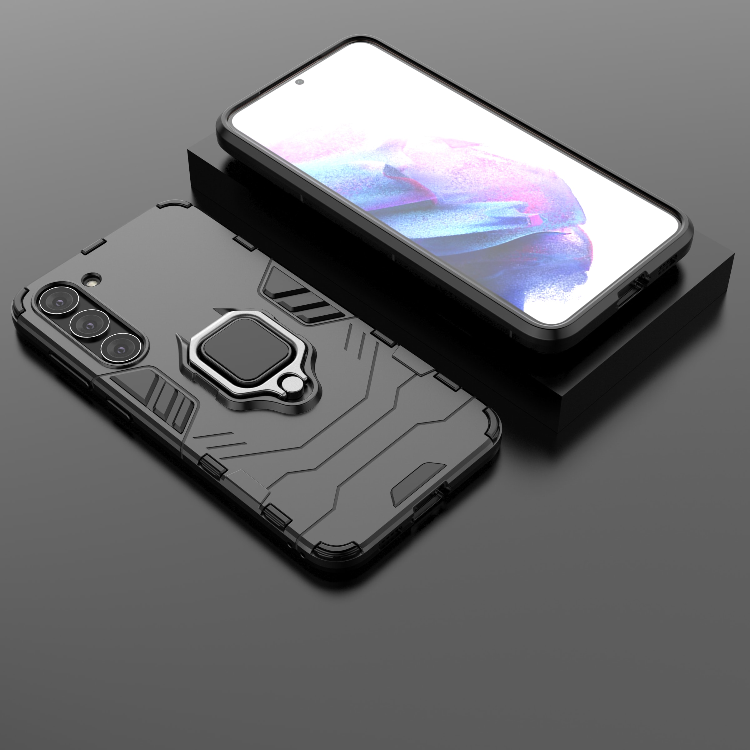 Ring Armor tapauksessa Samsung Galaxy S23+ panssaroitu kansi magneettinen haltija rengas musta