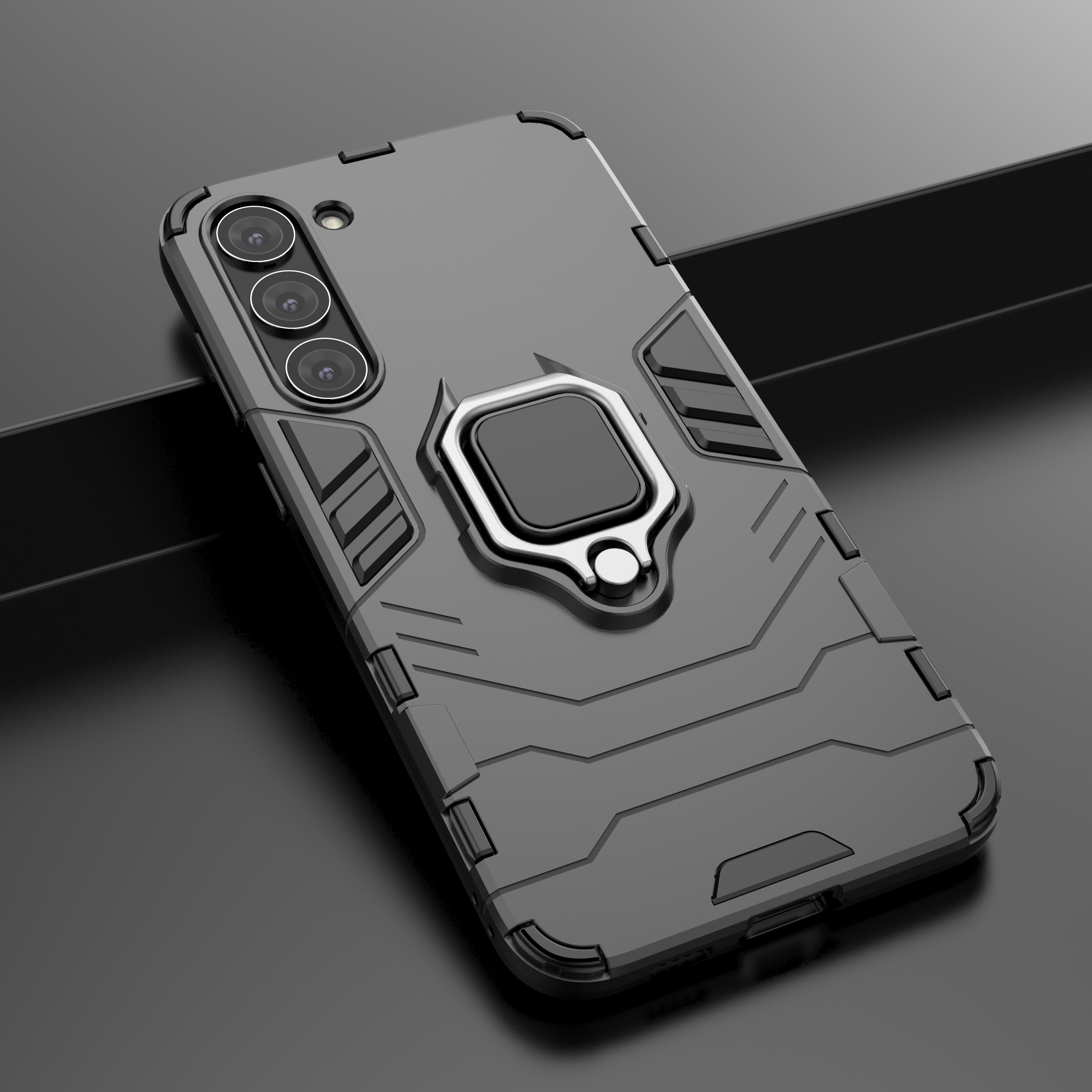 Ring Armor tapauksessa Samsung Galaxy S23+ panssaroitu kansi magneettinen haltija rengas musta