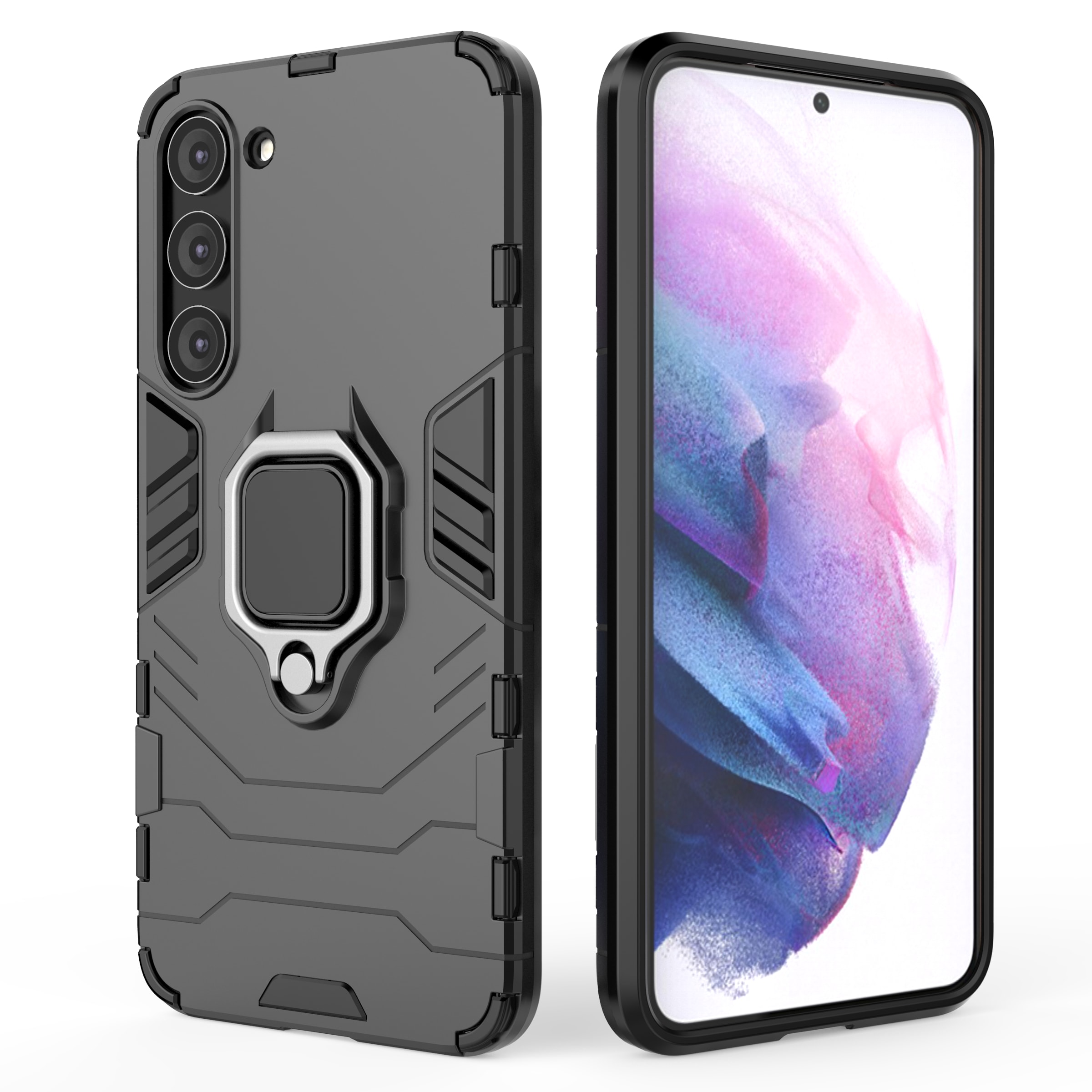 Ring Armor tapauksessa Samsung Galaxy S23+ panssaroitu kansi magneettinen haltija rengas musta
