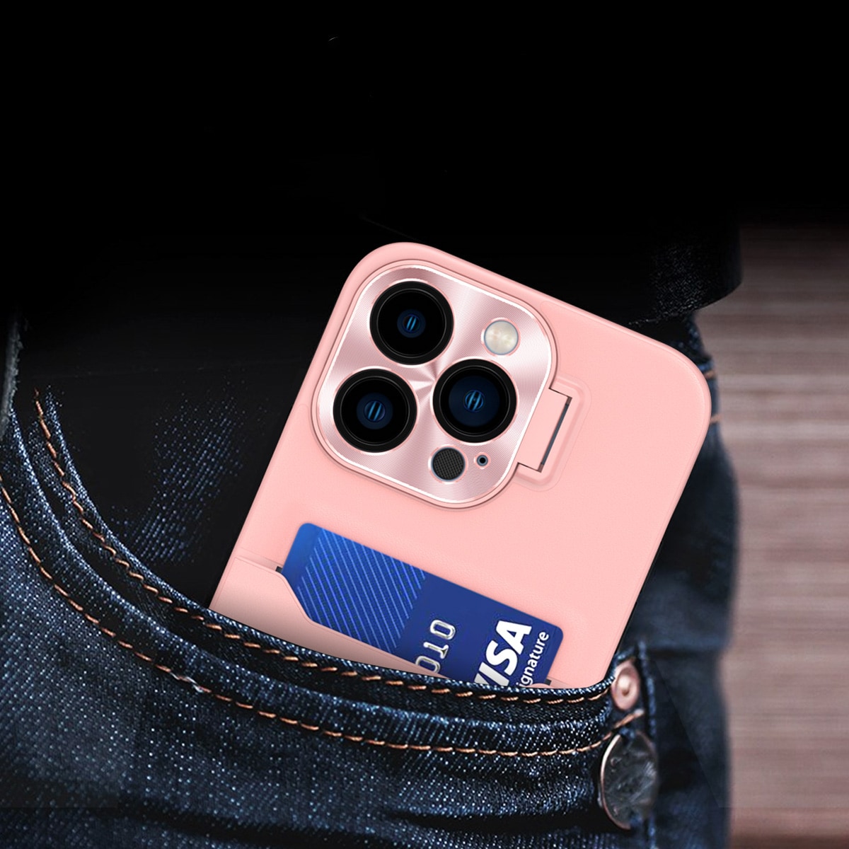 Nahka Stand Kotelo iPhone 14 Plus kortti lompakko kansi jalusta vaaleanpunainen