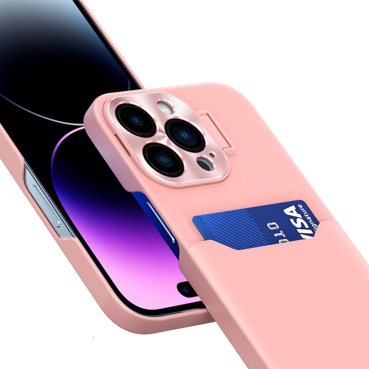 Nahka Stand Kotelo iPhone 14 Plus kortti lompakko kansi jalusta vaaleanpunainen