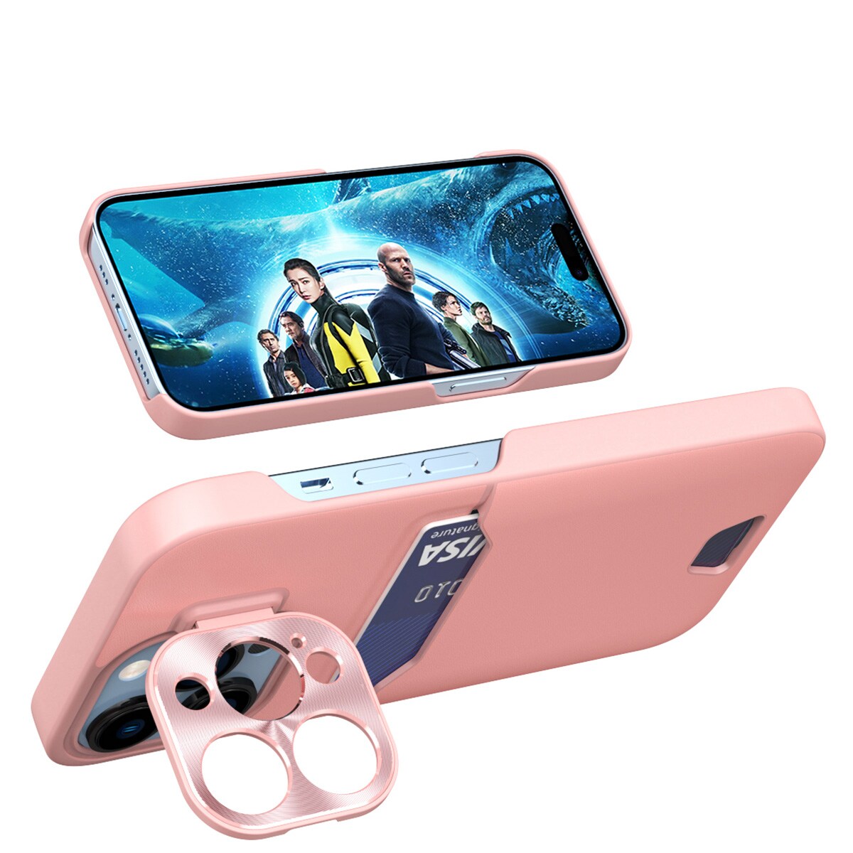 Nahka Stand Kotelo iPhone 14 Plus kortti lompakko kansi jalusta vaaleanpunainen